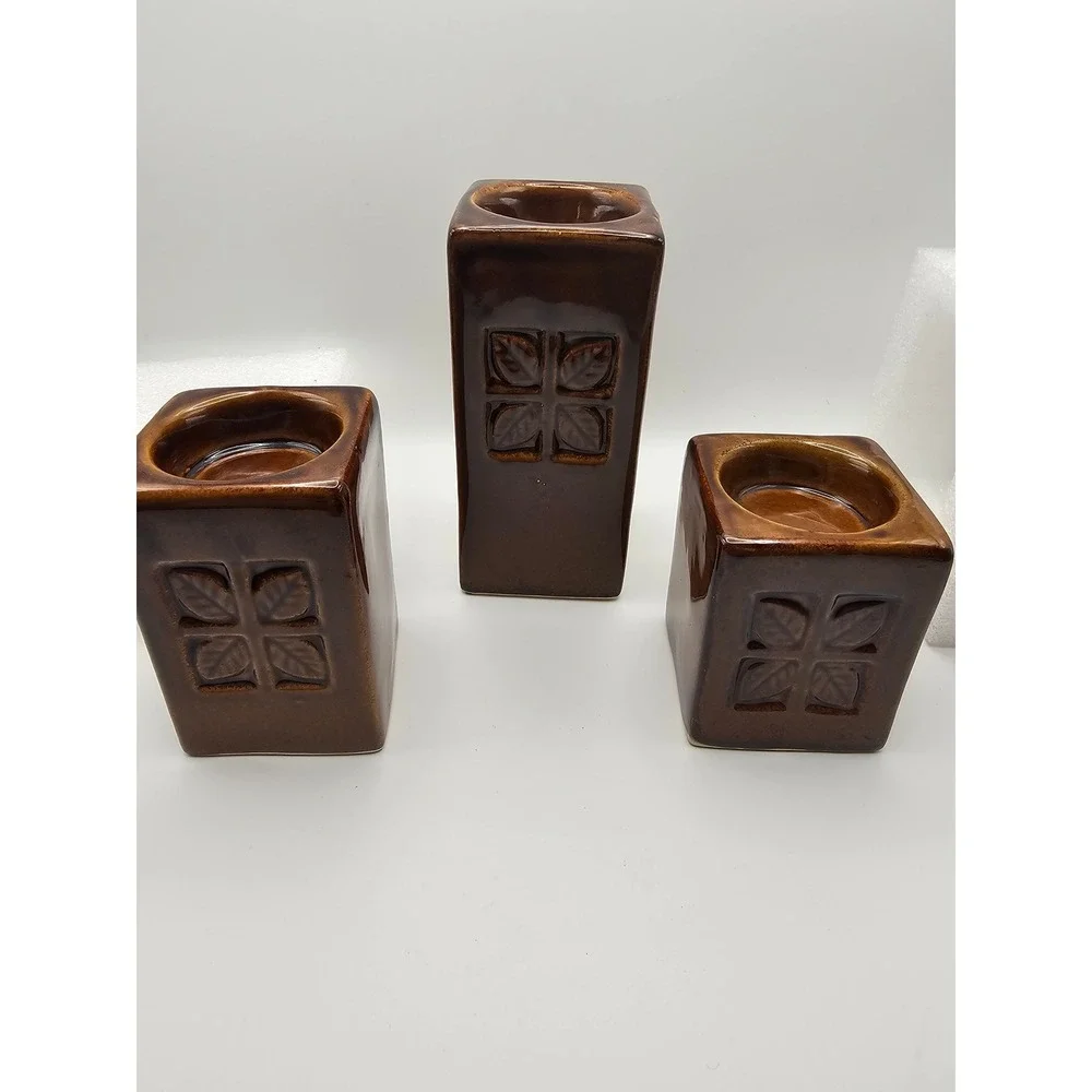 Vintage Brown Ceramic Candle Holder Set 3 Pillars and Tray Embossed Leaf Design